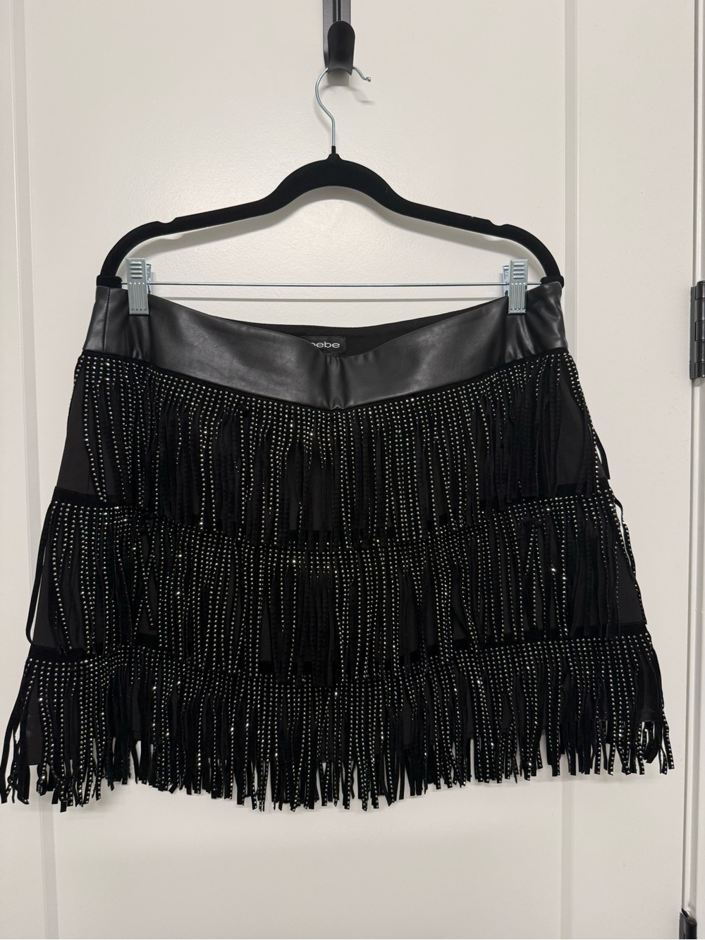 bebe Black Fringe Mini Skirt with Studded Tassels